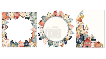 Ilustración de Conjunto de marco de paisaje urbano, casas escandinavas. Ciudad europea, marco con casas para su diseño, plantilla. - Imagen libre de derechos