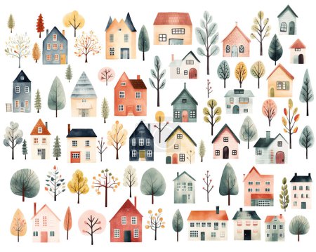Téléchargez les illustrations : Grand ensemble de maisons scandinaves aquarelle. Batiments et arbres enfantins mignons isolés. Tendance scandi vecteur fond - en licence libre de droit