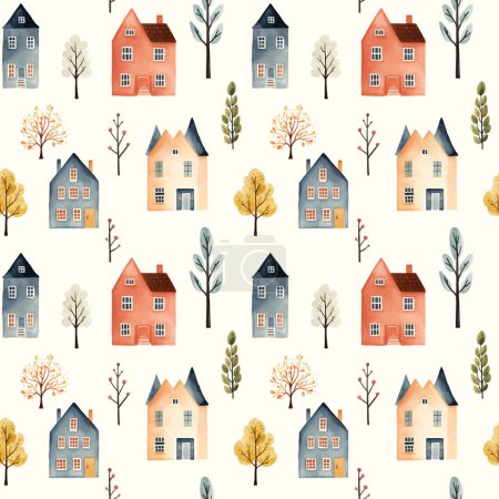 Téléchargez les illustrations : Maisons scandinaves motif sans couture. Bâtiments et arbres aquarelles mignons. Impression scandi tendance, fond vectoriel décoratif - en licence libre de droit