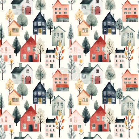 Téléchargez les illustrations : Maisons scandinaves motif sans couture. Bâtiments et arbres aquarelles mignons. Impression scandi tendance, fond vectoriel décoratif - en licence libre de droit