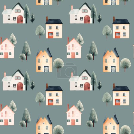 Téléchargez les illustrations : Bâtiments aquarelle mignon et motif d'arbres. Maisons scandinaves fond vectoriel sans couture - en licence libre de droit
