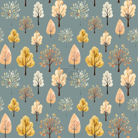 Téléchargez les illustrations : Mignons arbres aquarelle motif sans couture. Arbres d'automne scandinaves fond vectoriel sans couture - en licence libre de droit