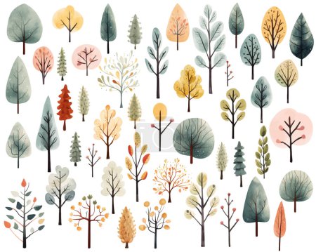 Illustration for Collection of watercolor scandinavian trees. Cute abstract colored trees. Trendy scandi vector plants. - Royalty Free Image