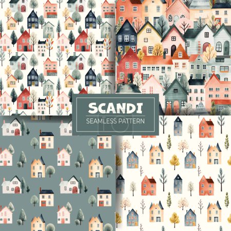Illustration for Set of cute watercolor buildings and trees pattern. Scandinavian, european houses vector background - Royalty Free Image