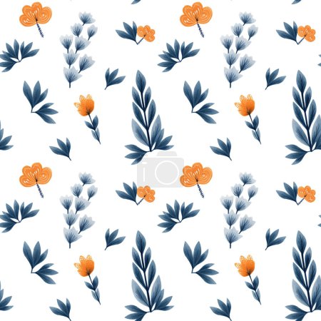 Illustration for Floral seamless pattern with hand drawn branches, leaves. Vector pattern in the ethnic folklore style. - Royalty Free Image