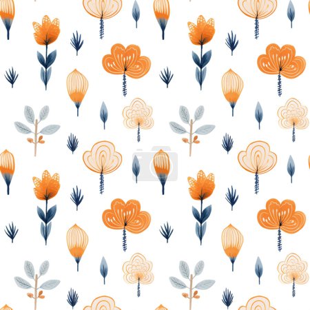Illustration for Seamless pattern with hand drawn branch, leaves, flowers. Vector pattern folklore, ethnic style. - Royalty Free Image