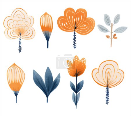 Illustration for Botany scandi set. Collection of hand drawn flowers in the traditional ethnic folklore style. - Royalty Free Image