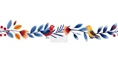 Illustration for Hand drawn borders with leaves and birds for invitations, posters and cards in ethnic style. Seamless leaf border. - Royalty Free Image