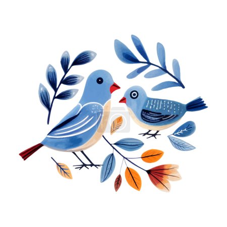 Téléchargez les illustrations : Carte postale préfabriquée avec oiseaux et plantes. Oiseau dessiné à la main dans le style traditionnel du folklore ethnique. - en licence libre de droit