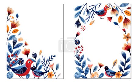 Illustration for Set of frames with birds in ethnic style. Birds and leaves for your design, template. Greeting card, border. - Royalty Free Image