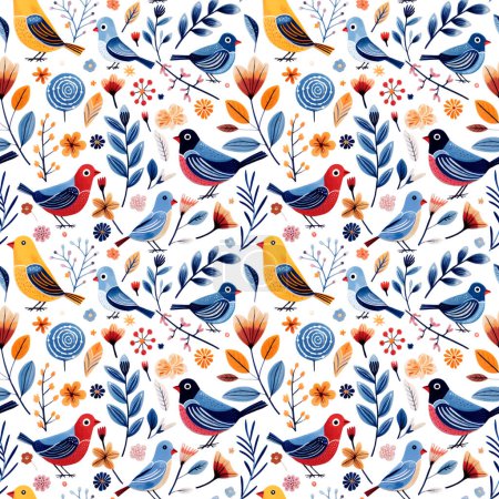 Illustration for Seamless pattern birds and floral doodle. Watercolor hand drawn background birds and flowers. - Royalty Free Image