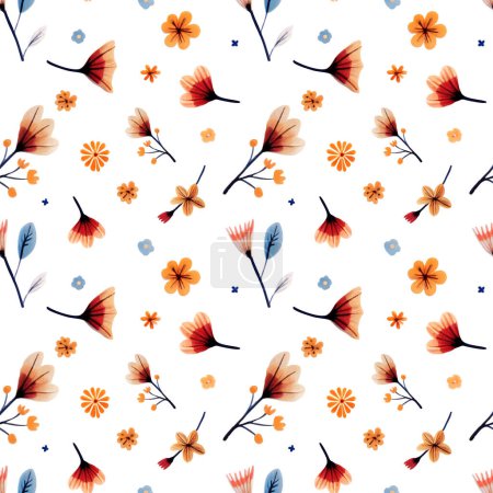 Illustration for Seamless pattern floral doodle. Watercolor hand drawn background with flowers and leaves. - Royalty Free Image