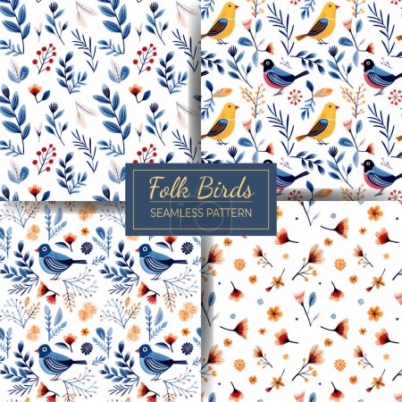 Illustration for Set of seamless patterns in floral doodle style. Watercolor hand drawn backgrounds with birds, flowers, leaves. - Royalty Free Image