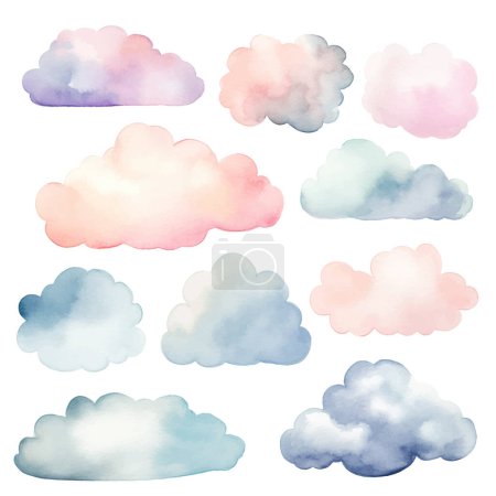 Ilustración de Conjunto de nubes vectoriales de acuarela. Aislado sobre blanco. Color pastel de fantasía. Decoración delicada y elegante. - Imagen libre de derechos