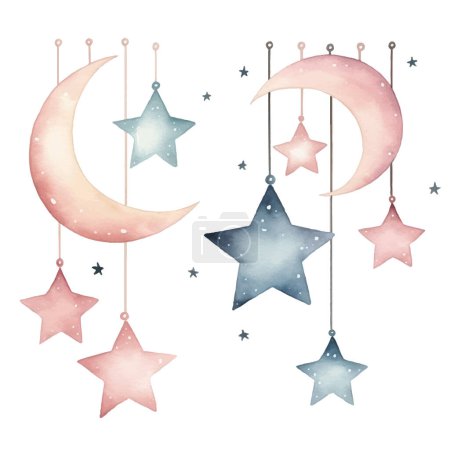 Ilustración de Acuarela vector estrellas y luna. Elementos de vivero. Color pastel de fantasía. Decoración delicada y mágica. - Imagen libre de derechos