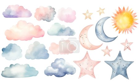 Set of watercolor vector clouds, sun, moon, stars. Fantasy pastel color. Nursery elements