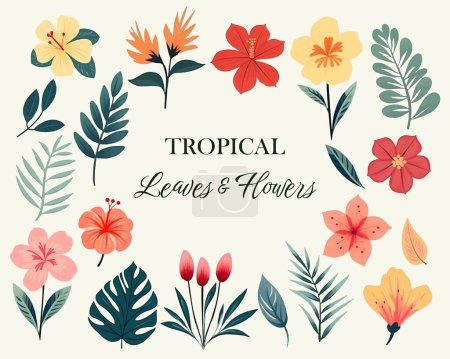 Illustration for Tropical vector flowers. Watercolor floral illustration. Set of exotic flowers and leaves. Tropical collection - Royalty Free Image