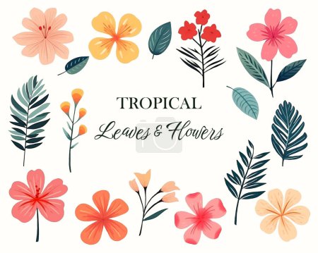 Illustration for Tropical vector flowers. Floral illustration. Set of exotic flowers and leaves. Tropical collection - Royalty Free Image