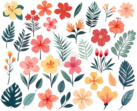 Illustration for Set of exotic flowers and leaves. Tropical vector flowers. Watercolor floral illustration. Tropical collection - Royalty Free Image