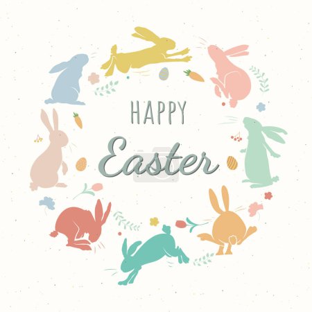 Ilustración de Feliz tarjeta de felicitación de Pascua, pancarta, cartel. Diseño de Pascua de moda con conejitos, flores, huevos en colores pastel. Estilo mínimo vectorial - Imagen libre de derechos