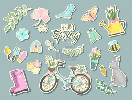 Illustration for Set of hello spring stickers in doodles style. Collection of scrapbooking elements, labels. Vector seasonal elements. - Royalty Free Image