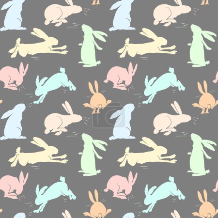 Téléchargez les illustrations : Simple motif de lapins. Mignons lapins colorés, fond sombre. Impression à la mode pour textiles, papiers peints et emballages pour enfants. Modèle vectoriel sans couture - en licence libre de droit