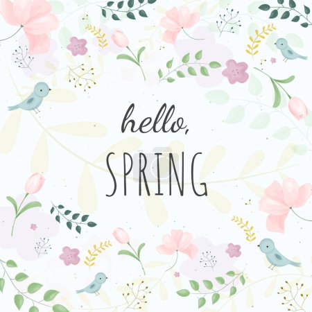 Illustration for Hello spring banner vector illustration. Seasonal wish with leaves, birds and flowers for springtime holiday celebration greeting card design - Royalty Free Image