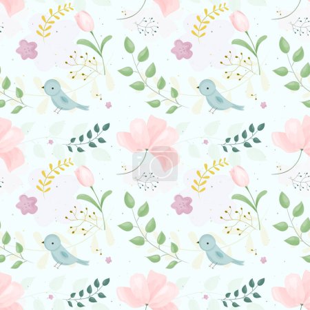 Illustration for Seamless floral pattern with birds in spring for birthday, wedding, anniversary and party. Design for textile, banner, poster, card, invitation and scrapbook. Vector illustration - Royalty Free Image