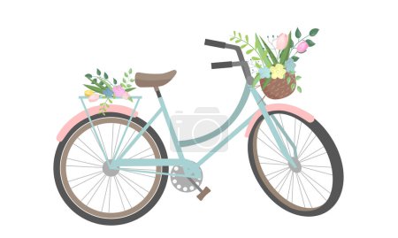 Illustration for Cute bicycle with colorful flowers and basket. Isolated on white background. Retro bike, basket with flowers and plants. Vector illustration - Royalty Free Image