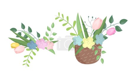 Téléchargez les illustrations : Mignon panier vectoriel avec des fleurs de printemps. Bouquets vectoriels. Illustration vectorielle à ressort - en licence libre de droit