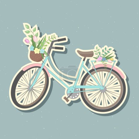 Illustration for Cute bicycle with colorful flowers and basket. Sticker retro bike, basket with flowers and plants. Vector illustration - Royalty Free Image