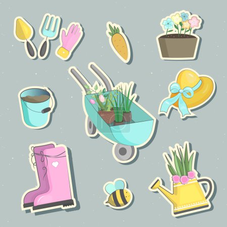 Illustration for Gardening theme, tools, plants, accessories. Collection of hand drawn vector illustrations. Elements for design, print, decor, card, sticker, banner - Royalty Free Image