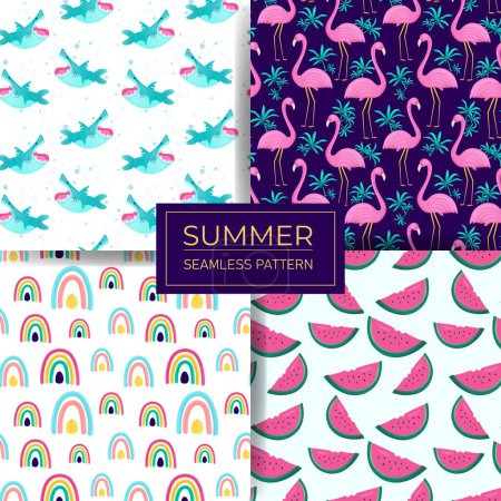 Téléchargez les illustrations : Ensemble de 4 motifs colorés sans couture d'été. Fonds d'été - en licence libre de droit