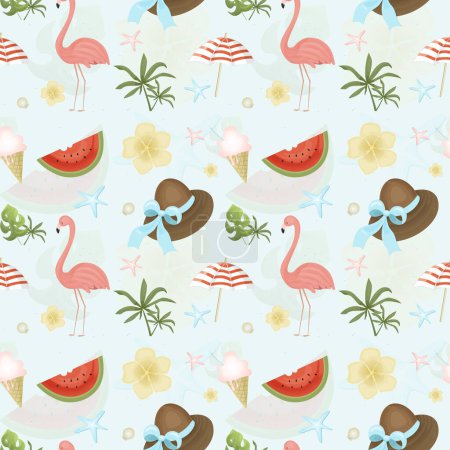 Illustration for Summer seamless colorful pattern with flamingo, tropical leaves, seashell, watermelon, parasol, flowers. Vector illustration - Royalty Free Image