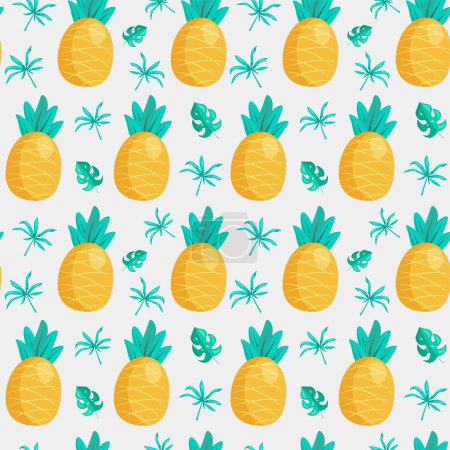 Téléchargez les illustrations : Ananas et feuilles. Modèle sans couture vectoriel avec fruits tropicaux. - en licence libre de droit