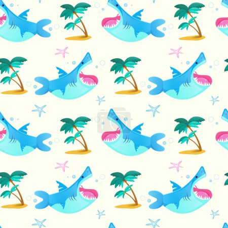 Téléchargez les illustrations : Modèle sans couture avec des requins de dessin animé mignons et des palmiers - en licence libre de droit