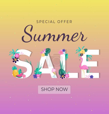 Illustration for Summer sale banner in bright colors with tropical leaves and discount text. Template for design poster, banner, invitation, voucher. Promo discount season offer. - Royalty Free Image