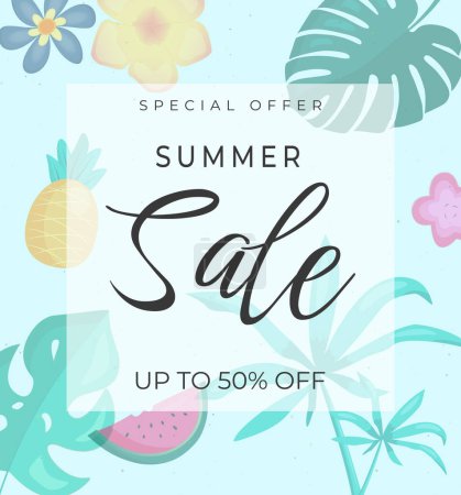 Illustration for Summer sale banner in bright colors with tropical leaves and discount text. Template for design poster, banner, invitation, voucher. Promo discount season offer. - Royalty Free Image