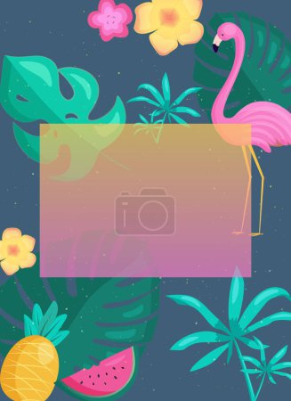 Ilustración de Plantilla de verano en colores brillantes con hojas tropicales y flamenco. Marco para póster, banner, invitación, vale. - Imagen libre de derechos