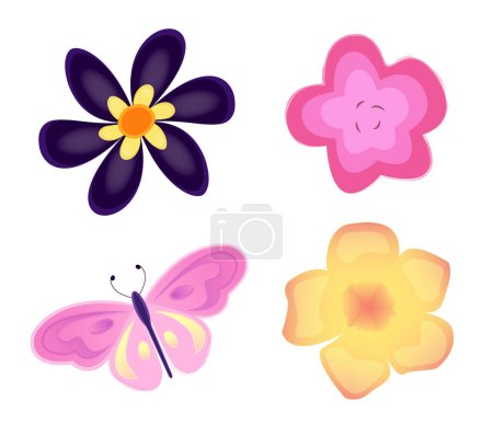 Téléchargez les illustrations : Ensemble de fleurs tropicales vectorielles et de papillons isolés sur fond blanc. - en licence libre de droit