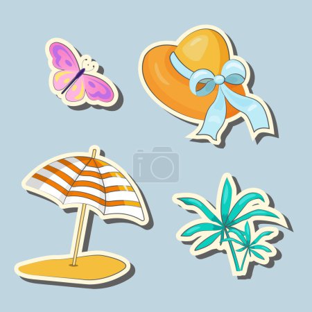 Illustration for Vector set of cute summer stickers hat, umbrella, palm tree, butterfly. Perfect for summertime poster, card, scrapbooking, invitation. - Royalty Free Image