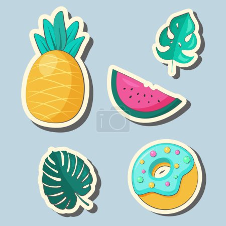Illustration for Vector set of cute summer stickers pineapple, watermelon, palm leaves, donut. Perfect for summertime poster, card, scrapbooking, invitation. - Royalty Free Image