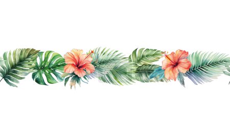 Illustration for Tropical border with leaves for invitations, posters and cards. Seamless leaf border. Vector template - Royalty Free Image