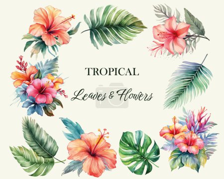 Illustration for Tropical vector flowers. Watercolor floral illustration. Set of exotic flowers and leaves. Tropical collection - Royalty Free Image