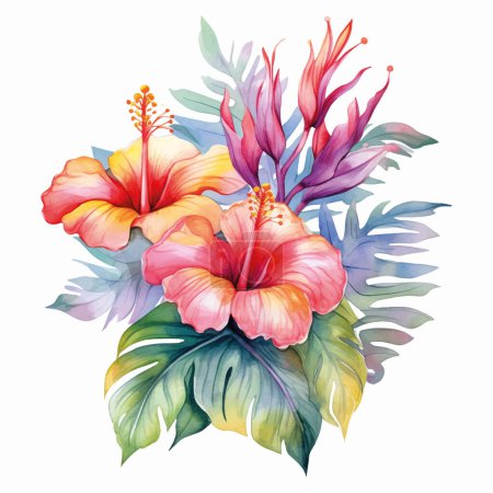 Ilustración de Acuarela flores tropicales. Flores vectoriales con hojas coloridas. Follaje exótico, flores silvestres. - Imagen libre de derechos