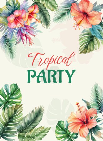 Téléchargez les illustrations : Cadre tropical avec feuilles et fleurs pour les invitations de fête, affiches et cartes de mariage. Modèle vectoriel - en licence libre de droit