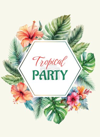 Illustration for Tropical frame with leaves and flowers for party invitations, posters and wedding cards. Vector template - Royalty Free Image