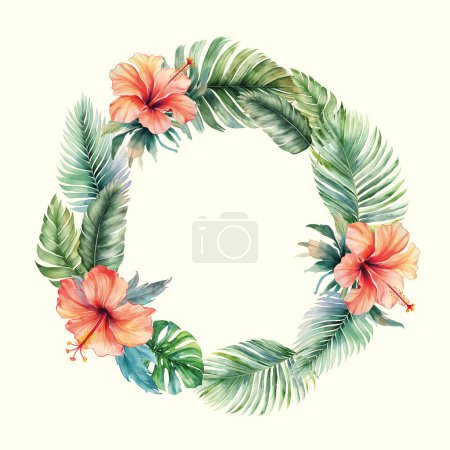 Ilustración de Marco tropical con hojas y flores para invitaciones a fiestas, carteles y tarjetas de boda. Plantilla vectorial - Imagen libre de derechos