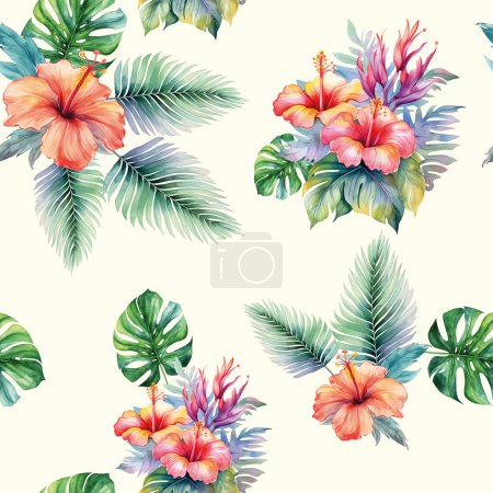 Illustration for Watercolor pattern with exotic flowers. Seamless realistic vector botanical pattern. Watercolor tropical background. - Royalty Free Image