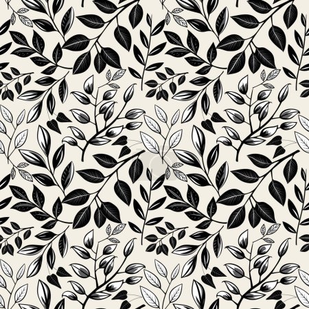 Illustration for Herbarium monochrome floral pattern. Seamless background with leaves and branches. Hand drawn botanical wallpaper - Royalty Free Image